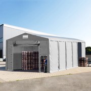 TOOLPORT 8x12m Namiot magazynowy - 3,6 m wysokość ścian bocznych z podciąganą do góry bramą i świetlikami dachowymi, PVC 850, szary, bez statyki - (79849)