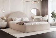 BESILIO Łóżko tapicerowane Boucle 180x200 Velora - stelaż listwowy, wezgłowie, pojemnik, łóżko slim - Beżowy