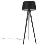 Lampa stojąca na statywie czarna z abażurem z lnu czarnego 45 cm - Tripod Classic klasyczny/Antyczny Oswietlenie wewnetrzne