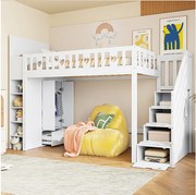 Łóżko piętrowe 90 x 200 cm z szafą, półkami i szufladami - Sosna + MDF - Białe (bez materaca)