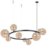 Bolero 92 - żyrandol nad stół w industrialnej jadalni, czarna obręcz, 9 bursztynowych kul w różnych rozmiarach