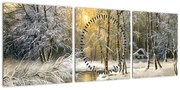 Obraz - Domek w lesie, obraz olejny (z zegarem) (90x30 cm)