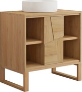 Szafka łazienkowa na nóżkach z drewna tekowego z okrągłą umywalką nablatową ceramiczną - szer. 80 cm - MATARAM