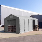 TOOLPORT 4x10m Namiot magazynowy - 3,0 m wysokość ścian bocznych z bramą na zamek błyskawiczny, PVC 850, szary, ze statyką (podłoże gruntowe) - (93779)