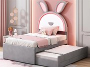 Łóżko dziecięce wysuwane 90 x 200 cm aksamitne - 3 szuflady - LEDy - kolor szary