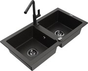 Mexen Mario zlewozmywak granitowy 2-komorowy z baterią kuchenną Flora, czarny/złoty metalik - 6504-75-670401-70-B
