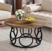 Okrągły stolik kawowy 80 cm, rustykalny okrągły stolik kawowy z metalową podstawą, industrialny mebel akcentowy