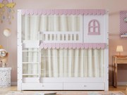 Łóżko piętrowe drewniane - 90x200 cm - z 2 szufladami i półkami - Białe i Różowe (z zasłonami)