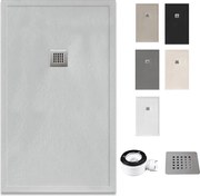 Brodzik żywiczny z rantem, ultracienki i antypoślizgowy z zaworem i kratką | Tekstura kamienia | Szary perłowy | 80 X 150 cm