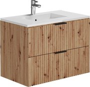 Szafka łazienkowa wisząca  ryflowana z umywalką wpuszczaną w blat - Naturalny jasny - 80 cm - ZEVARA