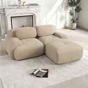 Narożnik z zaokrąglonymi podłokietnikami - sofa 2-osobowa z oparciem i ozdobnymi poduszkami - beżowy sztruks