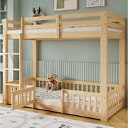 Łóżko piętrowe dla dzieci - 2 x 90 x 200 cm - ze schodami pod kątem prostym + barierka + drzwi naturalne - drewno - naturalne