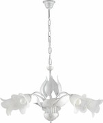 Olga - żyrandol z białego lakierowanego żelaza, zdobienia w kolorze antycznego srebra, klosze z białego alabastru Ø14 cm, klasyczny styl, 5 świateł