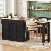 Rozkładana wyspa kuchenna na kółkach - 112/186,8 x 45 x 93 cm - z półką + 3 szufladami + 2 drzwiami - MDF - czarna