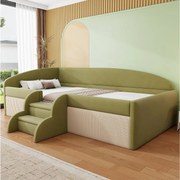 Sofa tapicerowana z funkcją spania - 90 x 190 cm - ze stopniami i barierkami - welur - bez materaca - ciemnozielona + kremowo-biała