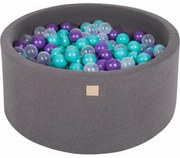 Okrągły Suchy Basen Z Piłeczkami 7cm Dla Dziecka, 90x40cm/300 Piłek, Bawełniany, Ciemnoszary, Piłki: Turkusowe, Fioletowe, Transparentne - Meowbaby®