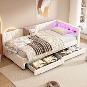 Łóżko tapicerowane 90 x 200 cm z zagłówkiem i 2 szufladami - LED-y, gniazdo USB + typ C - Tkanina lniana - Beżowe (materac nie jest wliczony w cenę)