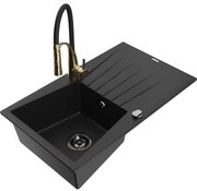 Mexen Cesar zlewozmywak granitowy 1-komorowy z ociekaczem i baterią kuchenną Aster, czarny - 6514-77-73450-57-B