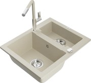 Mexen Carlos zlewozmywak granitowy 1,5-komorowy z baterią kuchenną Flora, beżowy - 6518-69-670401-09
