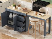 Centralna wyspa kuchenna - stół rozsuwany - z 1 portem USB i 1 portem Type-C - z półką na przyprawy i kółkami - Naturalny + Szary