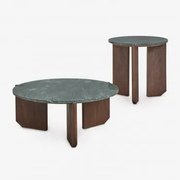 Zestaw 2 Okrągłych Stolików Kawowych Z Naturalnego Kamienia I Drewna Mango Lavinia Zielony Marmur & Ciemne Drewno - Sklum