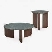 Zestaw 2 Okrągłych Stolików Kawowych Z Naturalnego Kamienia I Drewna Mango Lavinia Zielony Marmur Udaipur & Ciemny Drewniany Uchwyt - Sklum