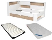 Łóżko 90 x 190 cm z ze skrzynią - Kolor: Biały i naturalny + Stelaż + Materac - TAMADU