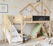Łóżko mezzanine 90x200cm z drewna - z tablicą do pisania i schodami do przechowywania - Naturalne