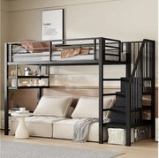 Łóżko piętrowe dla dzieci - 90 x 200 cm - z półkami i drabinką - metal + MDF - czarne