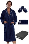 Męski szlafrok MARINE MAN w ozdobnym opakowaniu + ręcznik + kapcie S + kapcie (40/42) + ręcznik + box Ciemnoniebieski