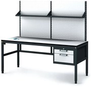 Alfa 3 Antystatyczny stół warsztatowy ESD z panelem perforowanym i półkami, 2 skrzynki szufladowe na narzędzia, 1800 x 800 x 745-985 mm