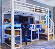 Łóżko na antresoli 90x200 cm - z drabiną bezpieczeństwa - z taśmą LED + biurkiem - z portem USB - biały​ (materac nie jest wliczony w cenę)