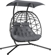Outsunny Wiszący Fotel, Składany Fotel z Rattanu z Poduszką, Stelaż ze Stali, Baldachim, Odporny do 260 kg, Ciemnoszary