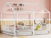 Łóżko piętrowe metalowe 2x90x200cm - z dachem i stelażem na listwy - Białe