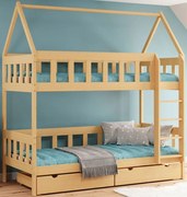 Łóżko piętrowe domek z drewna z szufladami, sosna F7-M46