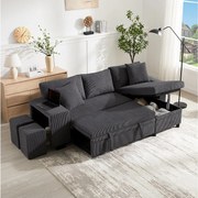 Sofa rozkładana 3-osobowa - 231 x 131,5 x 84 cm - z USB + poduszkami + schowkiem - aksamitna - szara