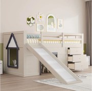 Łóżko piętrowe dla dzieci - 90 x 200 cm - z wysuwaną półką + 3 szuflady + 2 drzwi - płyta MDF + sosna - białe