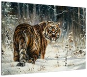 Obraz - Tygrys w zaśnieżonym lesie, obraz olejny (70x50 cm)