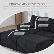 Sofa modułowa 2-osobowa - 200 x 174 x 80 cm - z 2 pufami + uchwytami na kubki + kieszenią do przechowywania - aksamitna - czarna