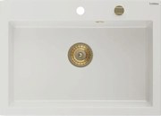 Mexen Elix zlewozmywak granitowy 1-komorowy 700 x 500 mm, biały, syfon złoty - 6526701005-20-G