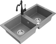 Mexen Mario zlewozmywak granitowy 2-komorowy z baterią kuchenną Carla, szary - 6504-71-670700-70