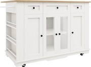 Wyspa kuchenna - wózek na kółkach z rozsuwanym blatem - 3 szuflady i 6 półek - Biały