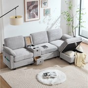 Nowoczesna sofa 3-osobowa - 266 x 136 x 82 cm - z 2 uchwytami na kubki + portem USB-C + szufladą + wyjmowanym pufem do przechowywania - aksamit - jasnoszary