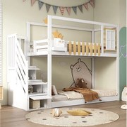 Łóżko piętrowe 90x200 cm - z drabinką i zjeżdżalnią - białe i naturalne drewno - materac nie jest wliczony w cenę