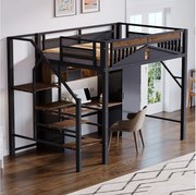 Łóżko piętrowe metalowe - 140 x 200 cm - z barierką + drabinką bezpieczeństwa - drewno + metal - czarne
