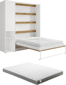 Łóżko chowane w szafie pionowe 160 x 200 cm - 1 kolumna do przechowywania - Z oświetleniem LED - Białe i naturalne + Materac - RAPILI