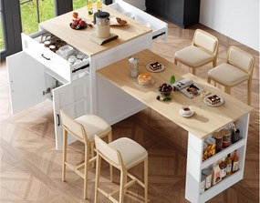 Wyspa kuchenna z 2 drzwiami i 2 szufladami - Blat rozsuwany - 133(202)x59x93,5 cm - 2 do 6 osób - Biały+naturalny