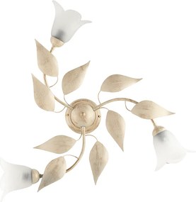Olga – lampa sufitowa z lakierowanego żelaza w kolorze kości słoniowej, dekor stare złoto, klosze z białego alabastru Ø14 cm, 3 światła, Ø67 cm