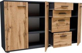 Długa komoda z szufladami i półkami grafit + dąb wotan T0-S51