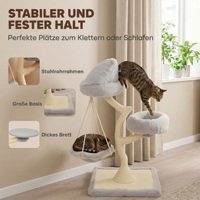 PawHut Drapak 115 cm wys. w kształcie drzewa, 2 zdejmowane legowiska do prania, hamak, słup do drapania z sizalu, dla kotów poniżej 6 kg | Aosom PL